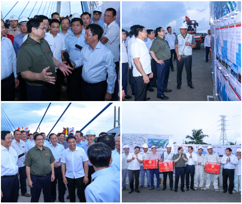 Thủ tướng trò chuyện, động viên và tặng quà các kỹ sư, công nhân trên công trường thi công cầu Mỹ Thuận 2 - Ảnh: VGP/Nhật Bắc